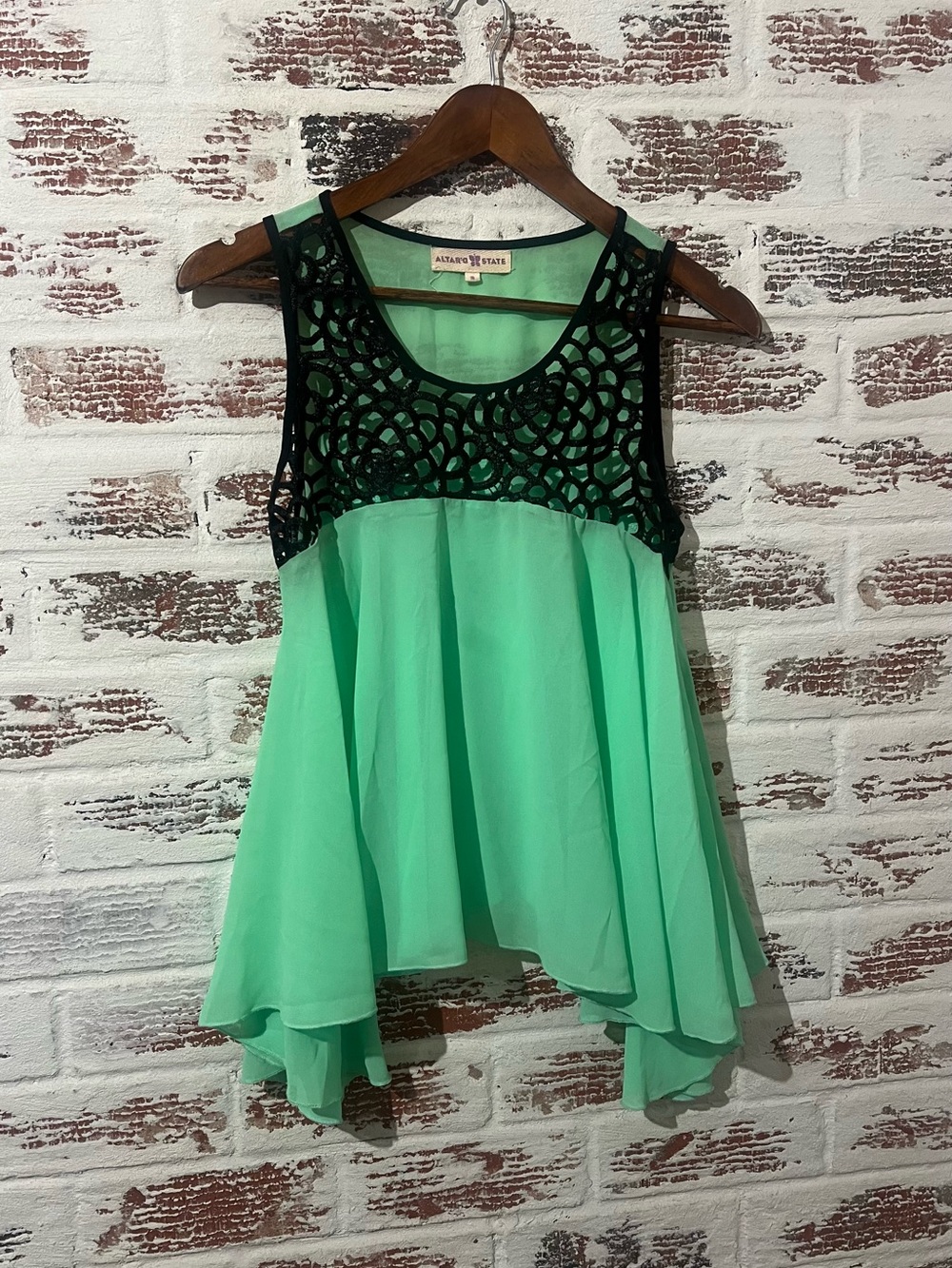 Altar'd State Mint Green Babydoll Tank Top Black Lace Crochet Chiffon Boho Sz S